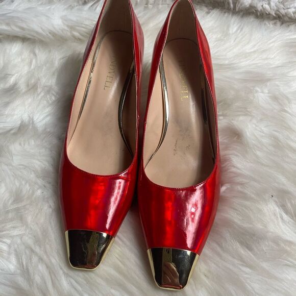 Findvell synthetic patent Red and gold square toe slip on kitten gold heels, SZ9 - Picture 2 of 8